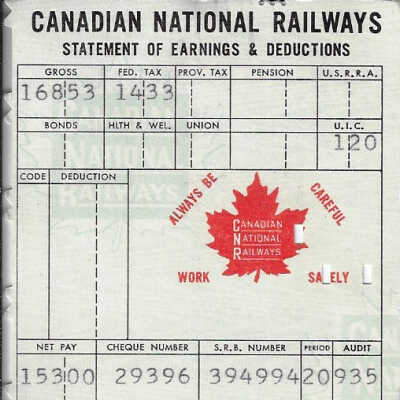 Canadian National Statement of Earnings and Deductions Belonging to Frank Mazzuca
