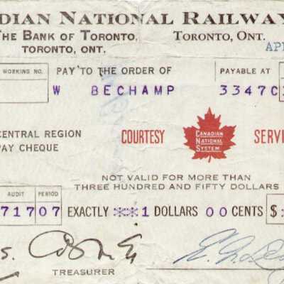 Document, Canadian National Railways Paycheque, W Bechamp, April 18, 1955.