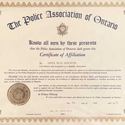 Certificate, The Police Association of Ontario, Certificate of Affiliation