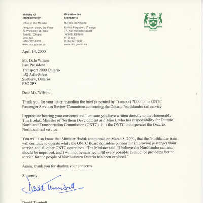 Letter from David Turnbull (Minister) to Dale Wilson, RE: Letter Regarding Transport 2000 ONTC Breif on Ontario Northlander Rail Service, April 14, 2000