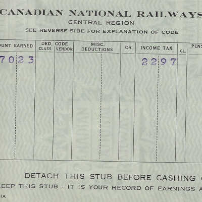 Canadian National Statement of Earnings and Deductions belonging to Frank Mazzuca