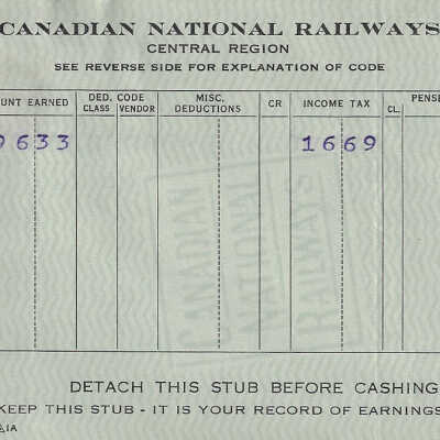 Canadian National Statement of Earnings and Deductions belonging to Frank Mazzuca