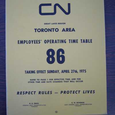 CN Great Lakes Region Toronto Area Employees' Operating Time Table 86, Taking Effect Sunday, April 27th, 1975