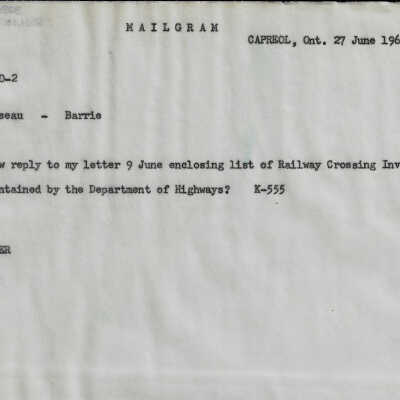 Canadian National Mailgram sent from Capreol to Barrie