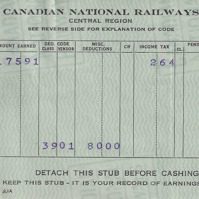 Canadian National Statement of Earnings and Deductions belonging to Frank Mazzuca