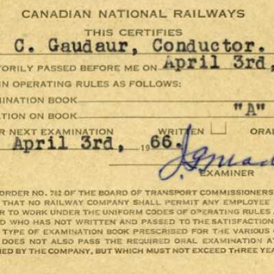 Canadian National: Rules Examination Certificate, Issued to J. C. Gaudaur, 1963