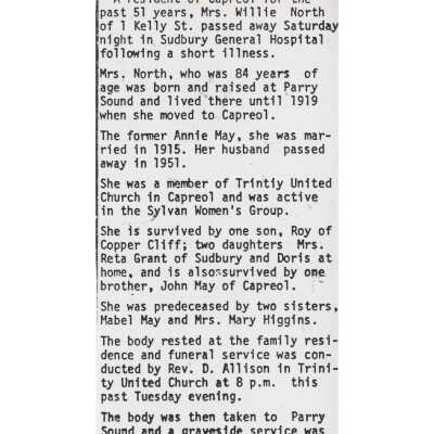 Document, Obituary, Annie North.