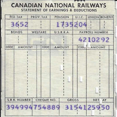 Canadian National Statement of Earnings and Deductions belonging to Frank Mazzuca