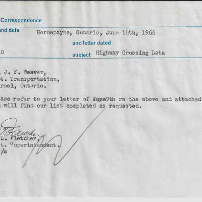 Canadian National Interdepartmental Correspondence sent from D. L Fletcher in Hornepayne ON to J.F. Weaver in Capreol ON Re: Highway Crossing Data