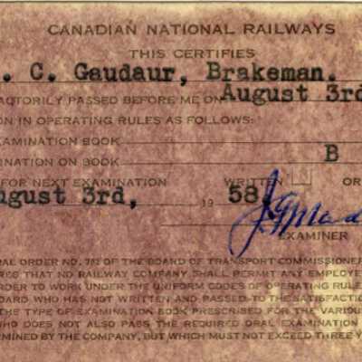 Canadian National: Rules and Examination Certificate, Issued to J. C. Gaudaur, 1955
