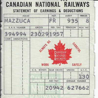 Canadian National Statement of Earnings and Deductions belonging to Frank Mazzuca