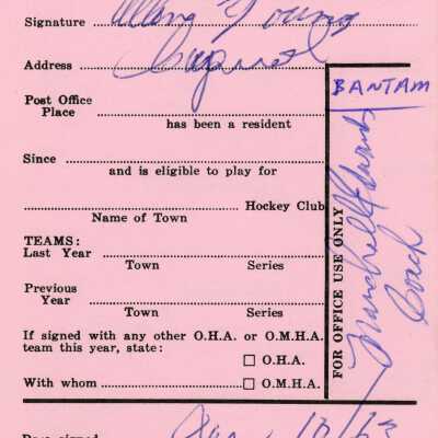 Hockey Player's Registration Card belonging to Allan Young