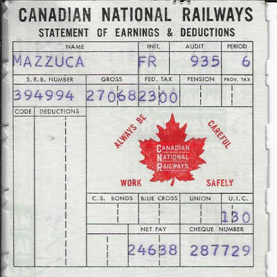 Canadian National Statement of Earnings and Deductions belonging to Frank Mazzuca