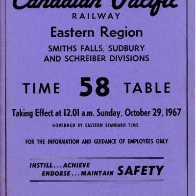 CP Rail Eastern Region (Sudbury, Smith Falls and Schreiber) Timetable 58 for October 29 1967, effective 0001 EST