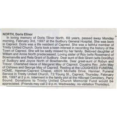 Document, Obituary, Doris Elinor North.