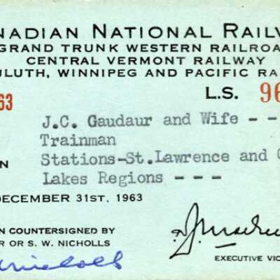 Canadian National: Stations in St. Lawrence and Great Lakes Regions Pass issued to J. C. Gaudaur and wife, 1962