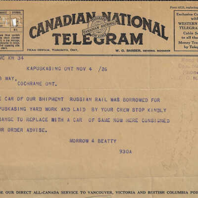 Canadian National Telegram sent to the Superintendent in Cochrane ON from Kapuskasing ON