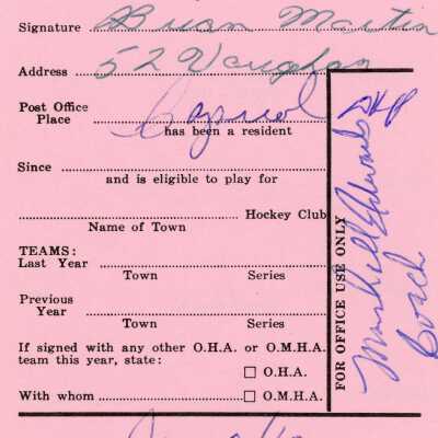 Hockey Player's Registration Card belonging to Brian Martin