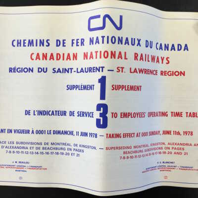 Timetable Supplement, CNR St. Lawrence Region Supplement 1 to timetable 3, June 11th 1978