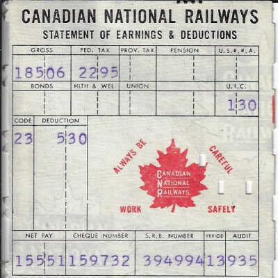Canadian National Statement of Earnings and Deductions belonging to Frank Mazzuca