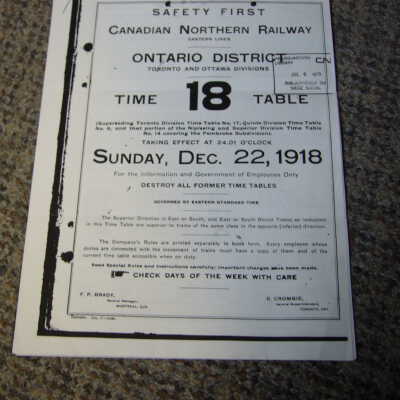 Canadian Northern Railway Timetable 18 December 22nd 1918