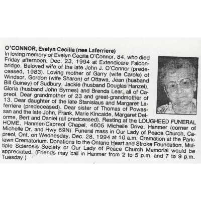 Document, Obituary, Evelyn Cecilla O'Connor.