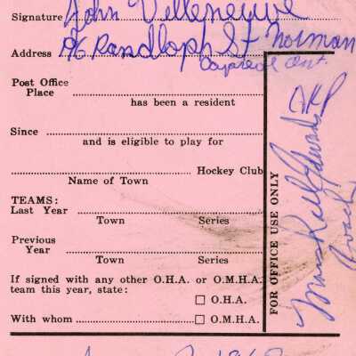 Hockey Player's Registration Card belonging to John Villeneuve