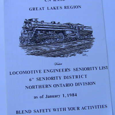 CN Rail Great Lakes Region Locomotive Engineer's Seniority List, 6th District, Northern Ontario Division, January 1984