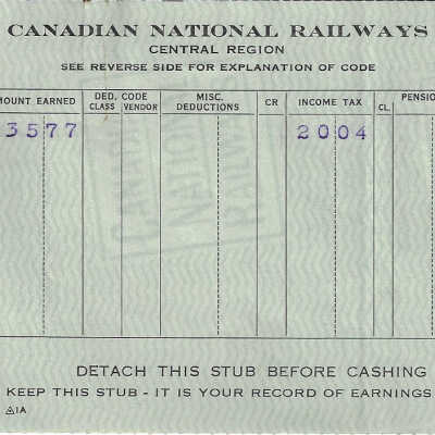 Canadian National Statement of Earnings and Deductions belonging to Frank Mazzuca