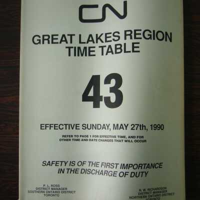 CN Great Lakes Region Time Table No. 43, Effective Sunday, May 27th, 1990