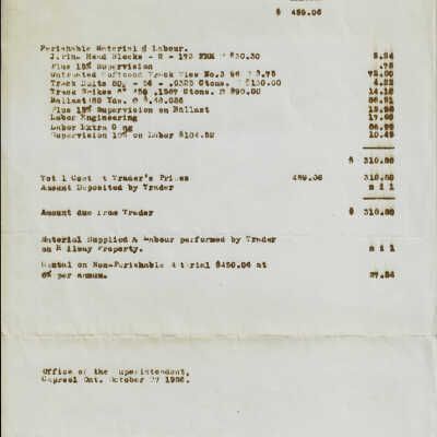 Canadian National: Capreol Division Statement of Cost 1926