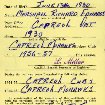 Hockey Coach's Registration Certificate belonging to Marshall Richard Edwards