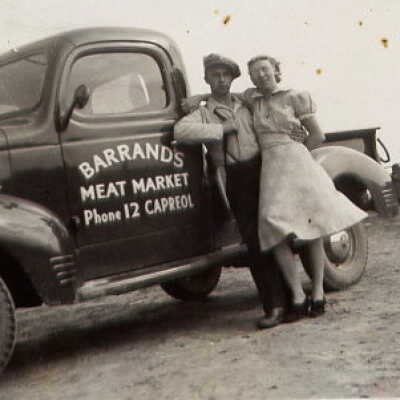 Photograph, Russell and Agnes Barrand, Barrand's Meat Market Truck, Capreol, Ontario.
