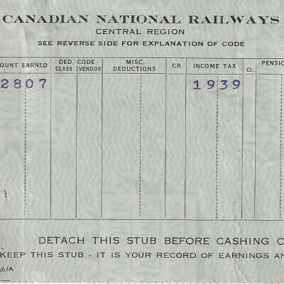 Canadian National Statement of Earnings and Deductions belonging to Frank Mazzuca