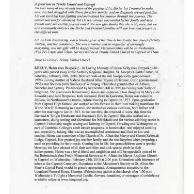 Document, Obituary, Hellen Kelly Bezpalko.