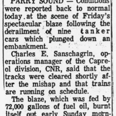 Service Normal After Derailment, Fuel Car Blaze". (Car train Engineer Harold Prescott)