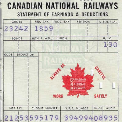 Canadian National Statement of Earnings and Deductions Belonging to Frank Mazzuca