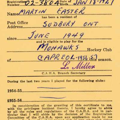 Hockey Player's Registration Certificate belonging to Martin Easter