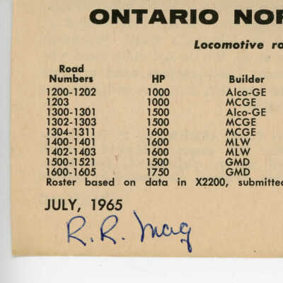 Ontraio Northland Railway Locomotive Roster, As of July 1965 (Compiled by Sy Reich)