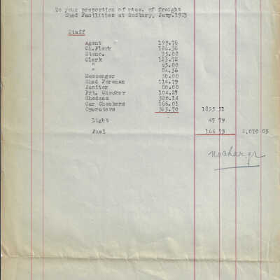 Canadian National Railways: Payroll expense form for the Algoma Eastern Railway in Sudbury, it is for CN’s portion of MTCE of Freight Shed Facilities