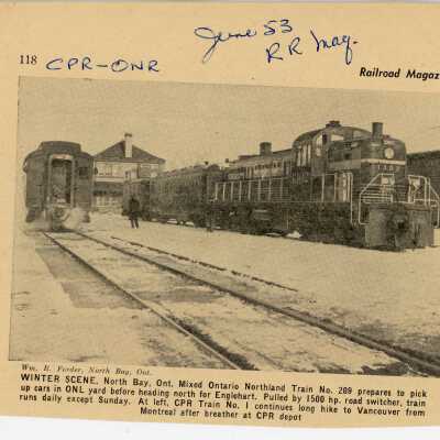 ONR Train #209 in ONL Yard, Winter Scene in Railroad Magazine, June 1953