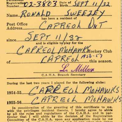 Hockey Player's Registration Certificate belonging to Ronald Sweezey