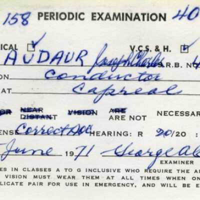 Canadian National: Periodic Examination Card, J. C. Gaudaur, 1971