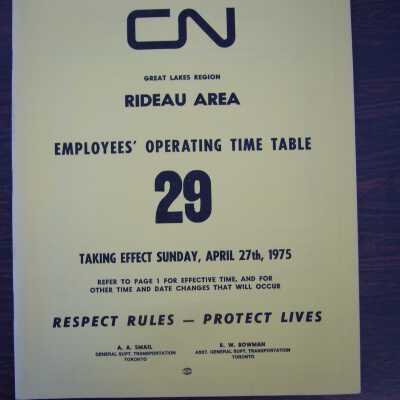CN Great Lakes Region Rideau Area Employees' Operating Time Table 29, Taking Effect Sunday, April 27th, 1975