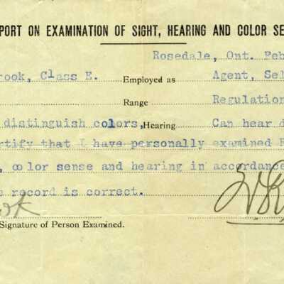 Document, Canadian National Railways Vision, Color Sense and Hearing Certificate, RJ Waldbrook, February 20 1914.