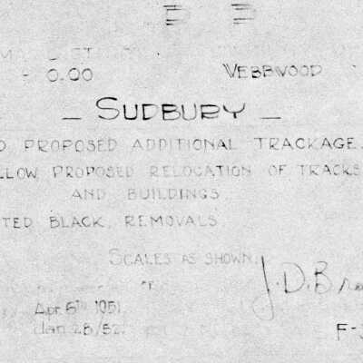 Document, Plan, Canadian National Railways, Sudbury, Webbwood, Proposed Additional Trackage, Proposed Relocation of Tracks and Buildings, and Removals.