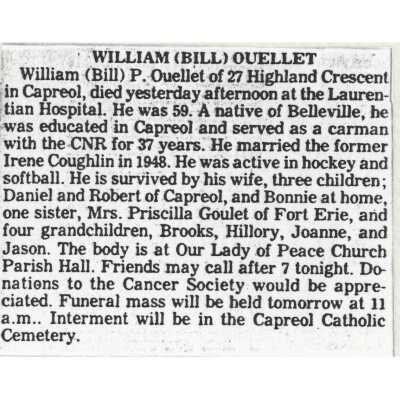 Document, Obituary, William (Bill) Ouelette.