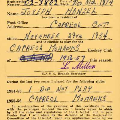 Hockey Player's Registration Certificate belonging to Joseph Hanzel