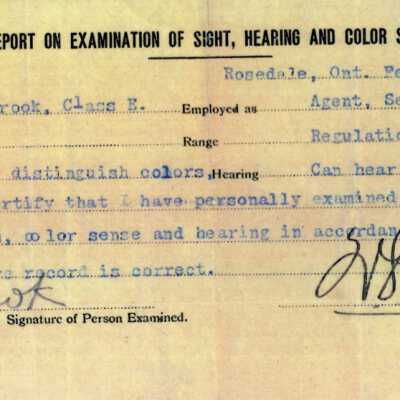 Document, Canadian National Railways Vision, Color Sense and Hearing Certificate, RJ Waldbrook, February 20 1914.