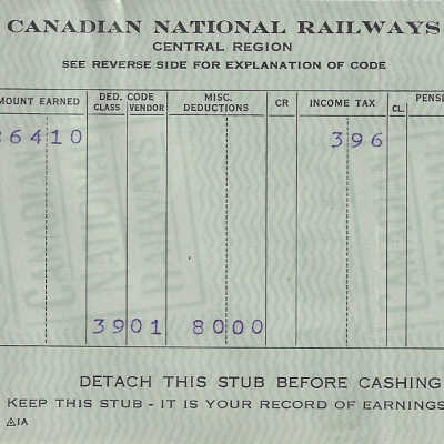 Canadian National Statement of Earnings and Deductions belonging to Frank Mazzuca